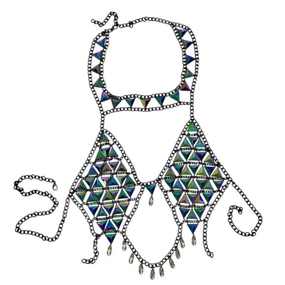 RAVE WONDERLAND DOLLS KILL Iridescent Gem Jewelry Crop Top Crystal Chain Bra - Picture 6 of 15